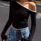 Contrast Trim One Shoulder Long Sleeve T-Shirt