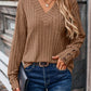 Ribbed V-Neck Long Sleeve T-Shirt