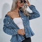 Peplum Collared Neck Long Sleeve Denim Top