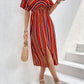 Slit Striped V-Neck Short Sleeve Midi Dress