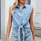 Collared Neck Sleeveless Denim Top