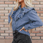 Ruffled Round Neck Long Sleeve Denim Top