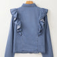 Ruffled Round Neck Long Sleeve Denim Top