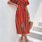 Slit Striped V-Neck Short Sleeve Midi Dress