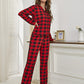 Plaid Collared Neck Long Sleeve Top and Pants Lounge Set