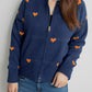 Heart Round Neck Zip Up Cardigan