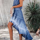 Smocked High-Low Tube Denim Dress