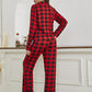 Plaid Collared Neck Long Sleeve Top and Pants Lounge Set