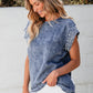 Pearl Trim Round Neck Cap Sleeve Denim Top