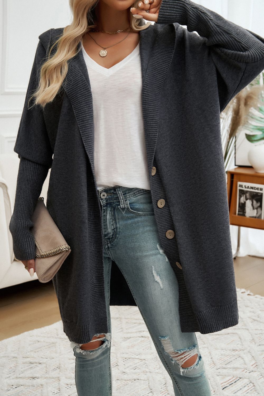 Button Up Long Sleeve Hooded Cardigan