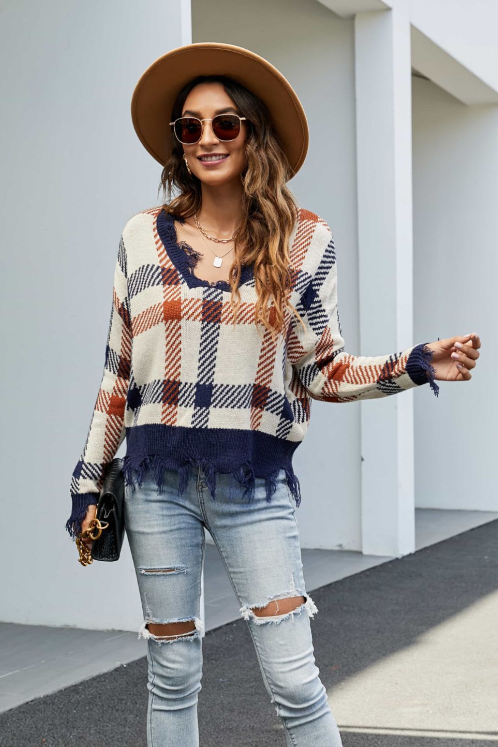 Plaid Distressed Drop Shoulder Sweater