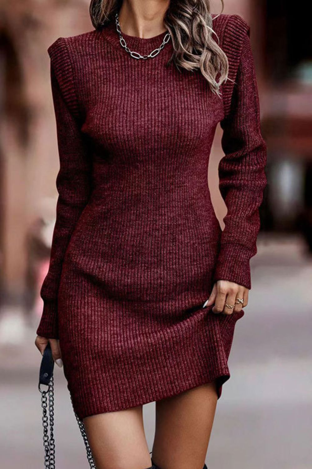 Rib-Knit Round Neck Sweater Dress