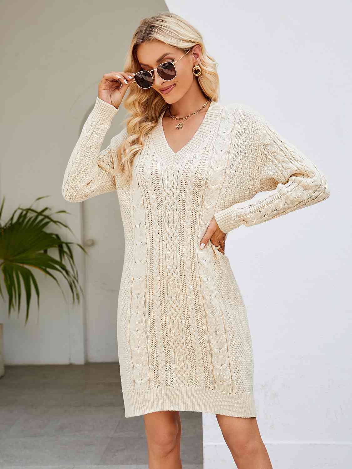 Cable-Knit V-Neck Mini Sweater Dress