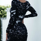 Printed Boat Neck Long Sleeve Dress
