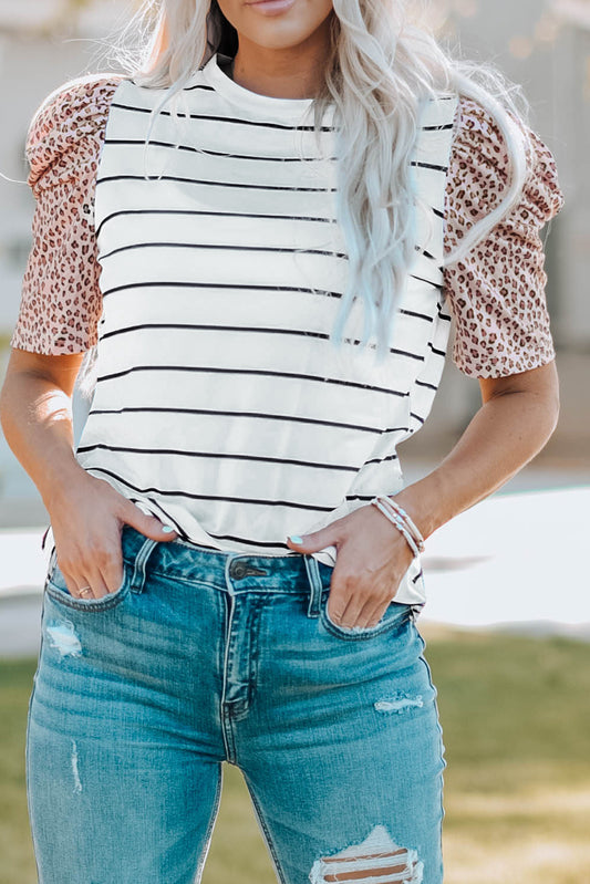 Leopard Ruffle Sleeve Striped T-Shirt