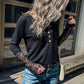 Half Button Spliced Lace Waffle-Knit Top