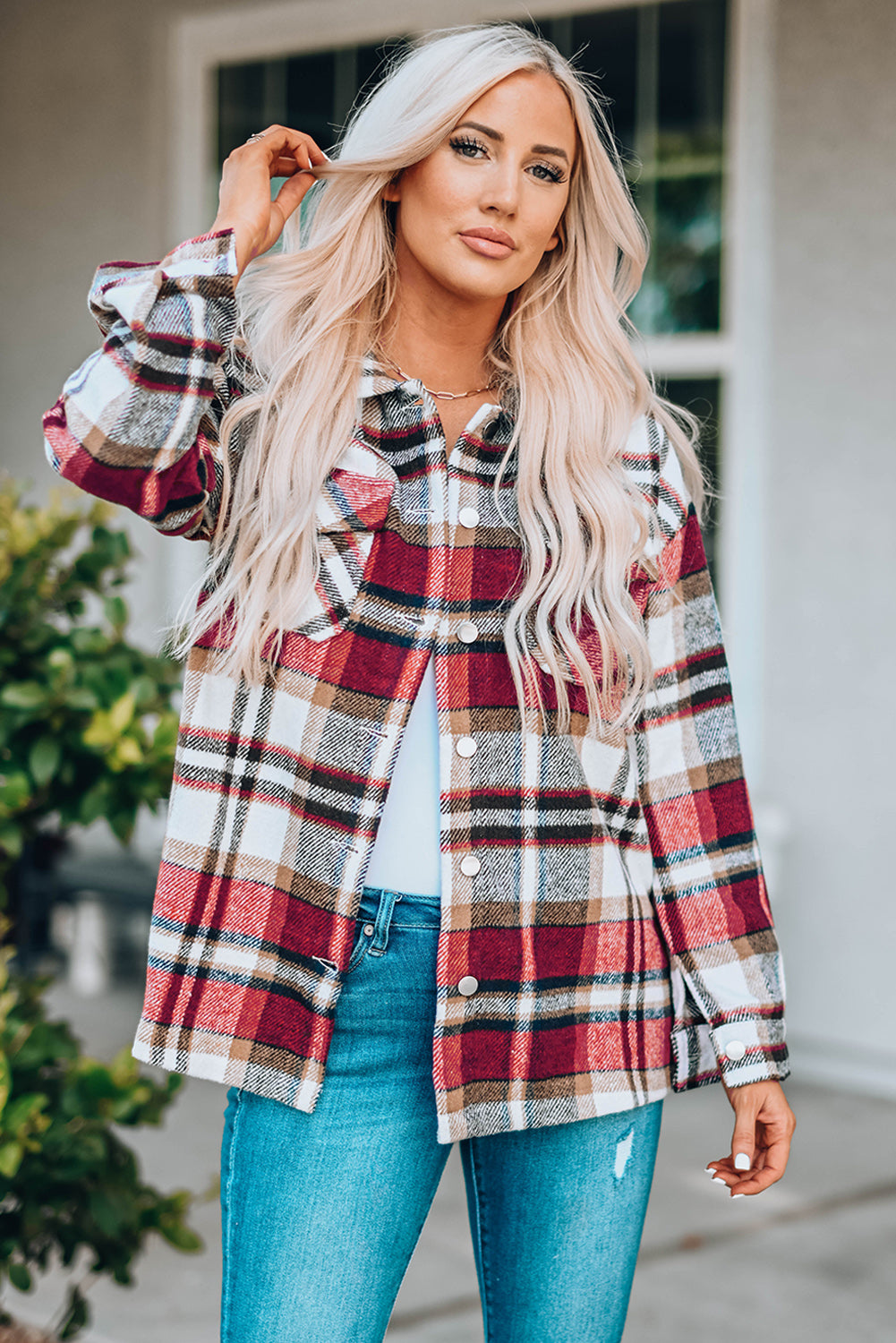 Plaid Button Front Shirt Jacket with Breast Pockets