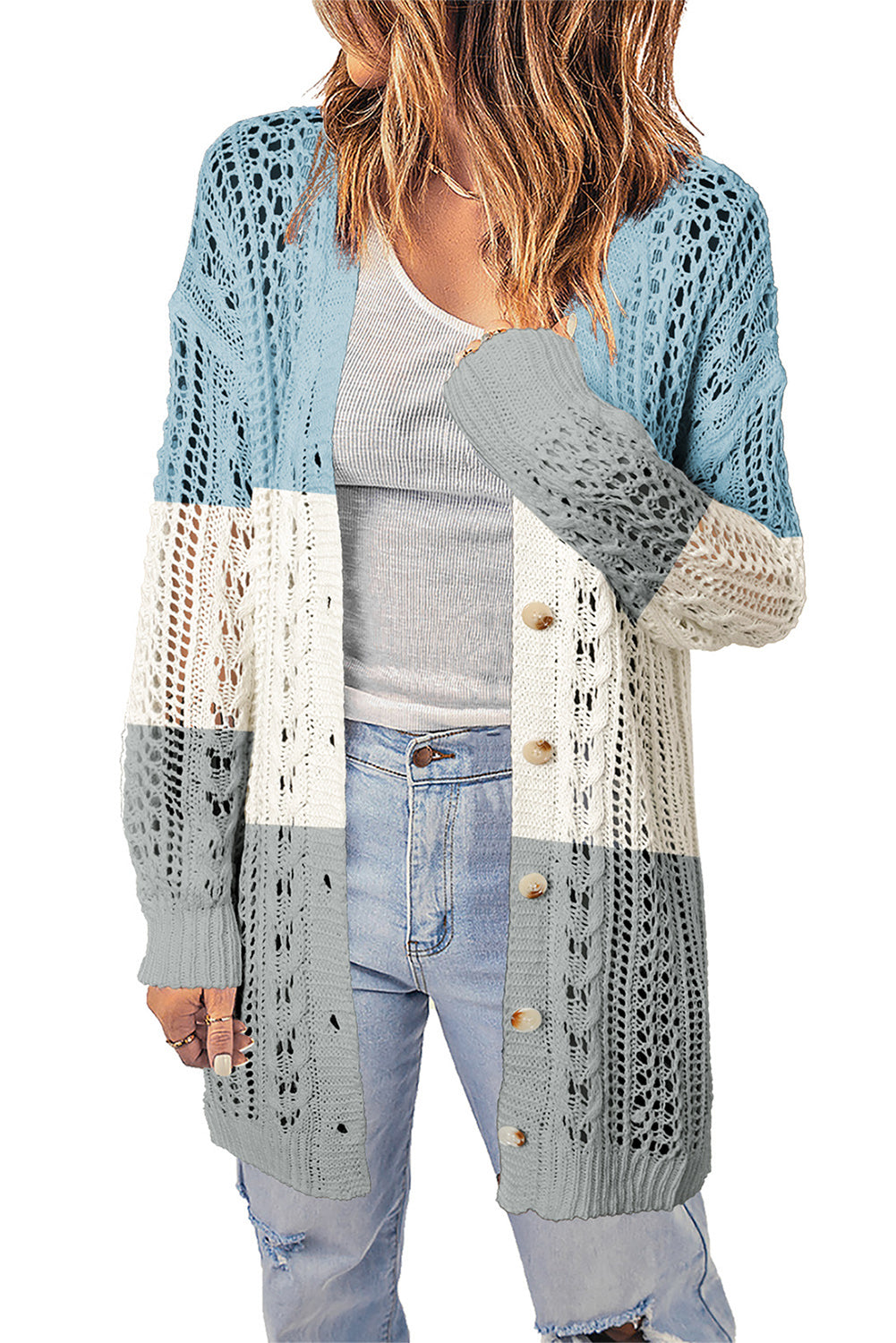 Openwork Ribbed Cuff Longline Cardigan