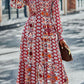 Smocked Round Neck Lantern Sleeve Midi Dress