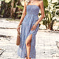 Floral Strapless Slit Midi Dress with Pockets