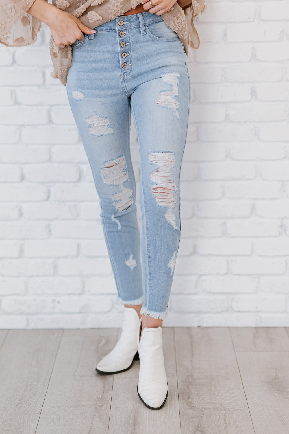 Kancan At Last Distressed Button Fly Skinny Jeans