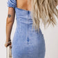Buttoned Short Puff Sleeve Denim Bodycon Dress