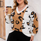 Plus Size Printed V-Neck Long Sleeve Sweater