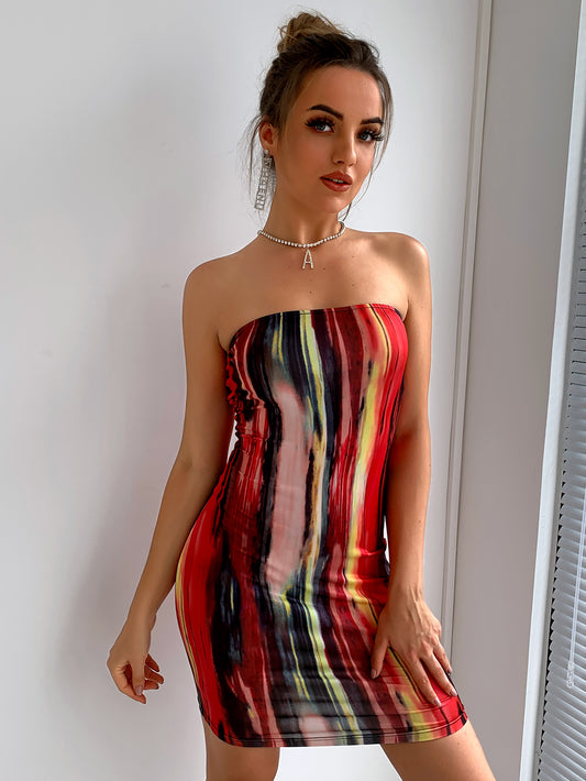 Tie-Dye Strapless Mini Bodycon Dress