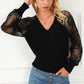 Ribbed Trim Lace Lantern Sleeve Knit Top