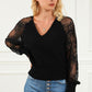 Ribbed Trim Lace Lantern Sleeve Knit Top