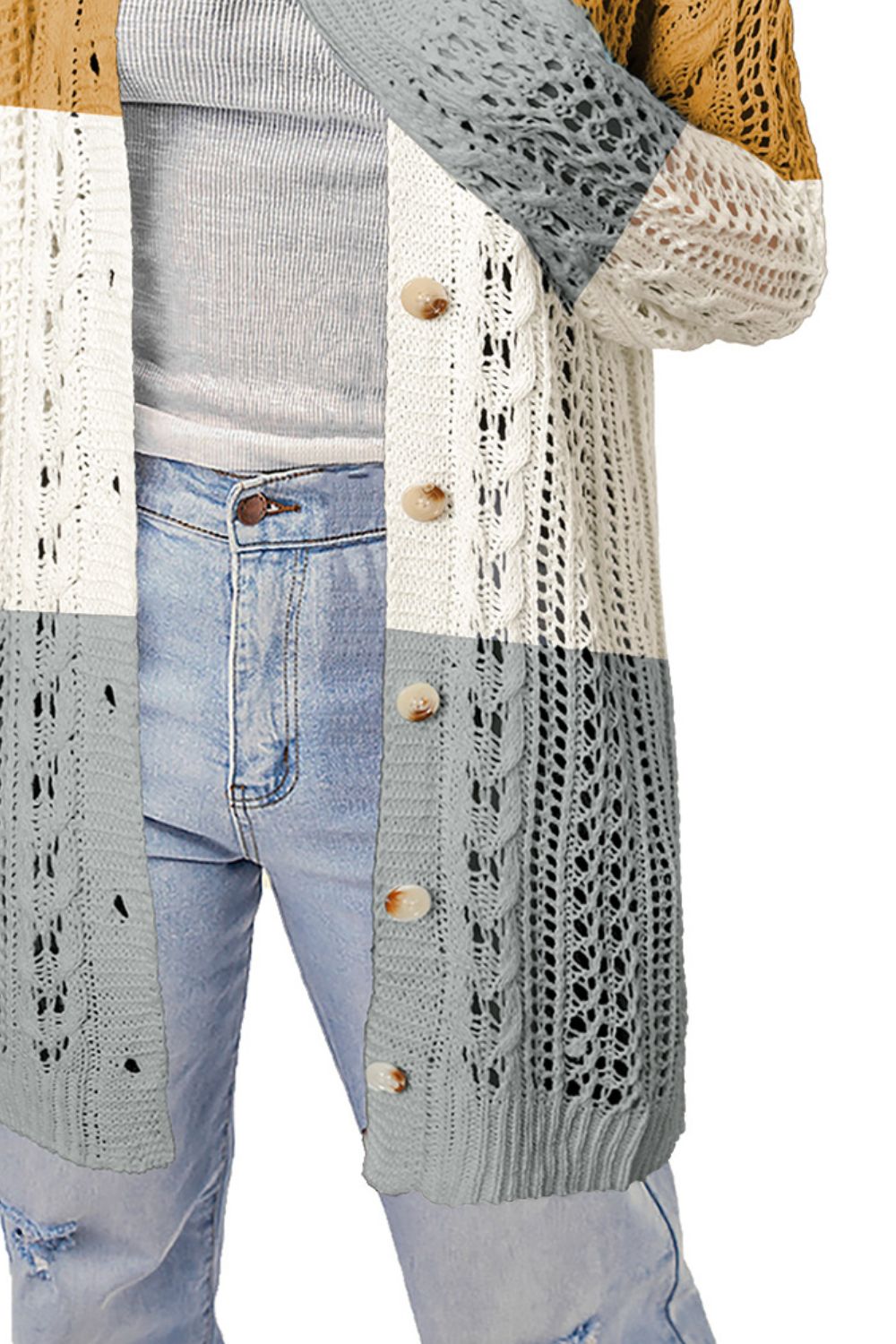 Openwork Ribbed Cuff Longline Cardigan