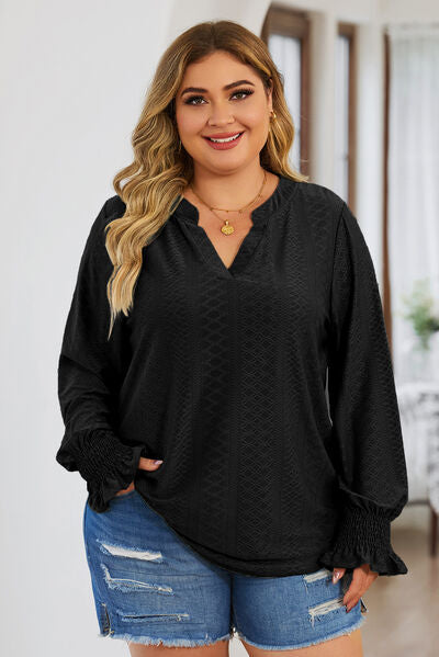 Plus Size Eyelet Notched Flounce Sleeve Blouse