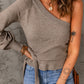 Side Tie One-Shoulder Ribbed Trim Sweater