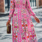 Smocked Round Neck Lantern Sleeve Midi Dress