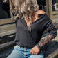 Half Button Spliced Lace Waffle-Knit Top