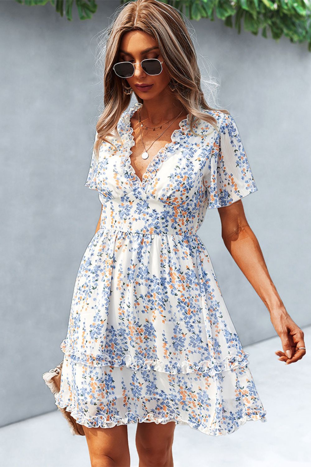 Printed Flutter Sleeve V-Neck Dress