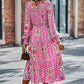 Smocked Round Neck Lantern Sleeve Midi Dress