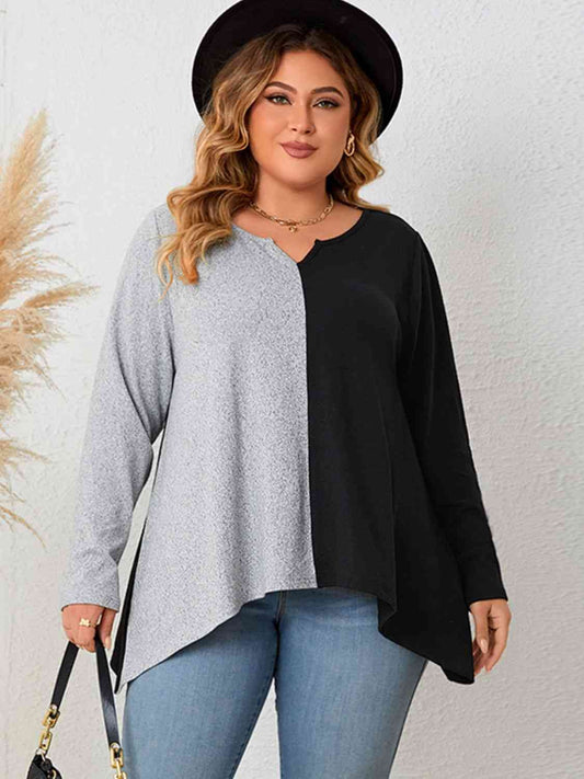 Plus Size Contrast Notched Neck T-Shirt