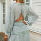 Floral Frill Trim Plunge Flounce Sleeve Dress