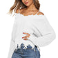 Off-Shoulder Ribbed Long Sleeve Raw Hem Sweater