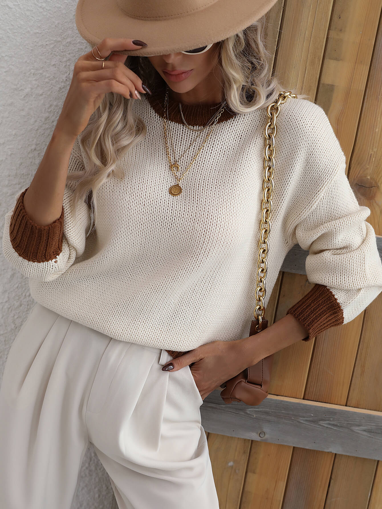 Contrast Trim Drop Shoulder Pullover Sweater