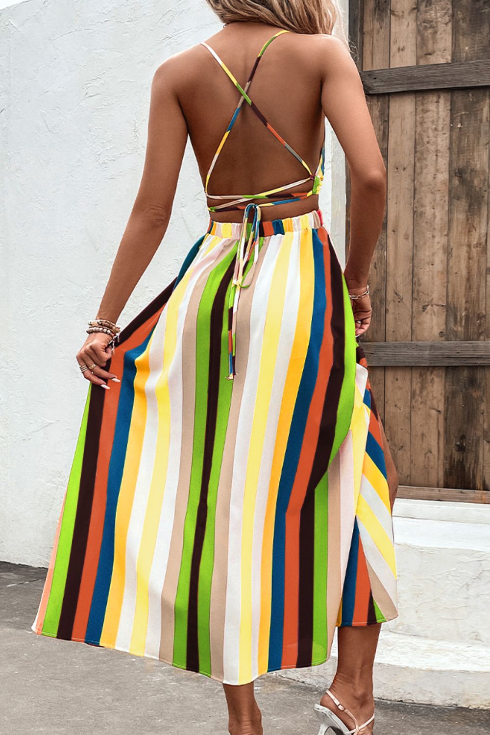 Multicolored Stripe Crisscross Backless Dress