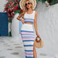 Striped Openwork Cropped Tank and Split Skirt Set