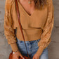 Ribbed Trim Lace Lantern Sleeve Knit Top