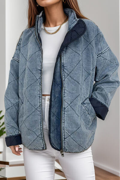 Pocketed Zip Up Dropped Shoulder Denim Jacket