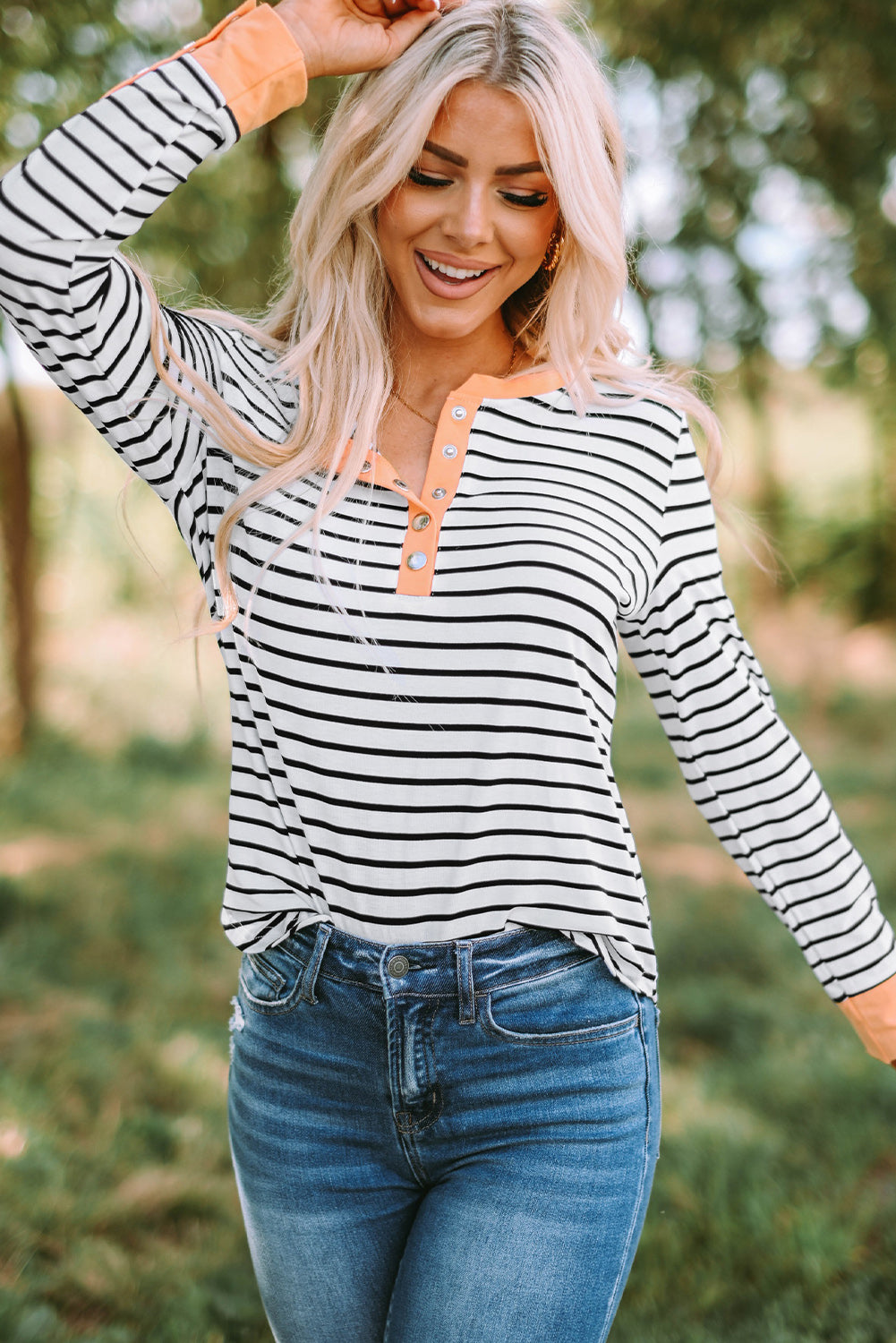 Striped Contrast Trim Quarter Snap T-Shirt