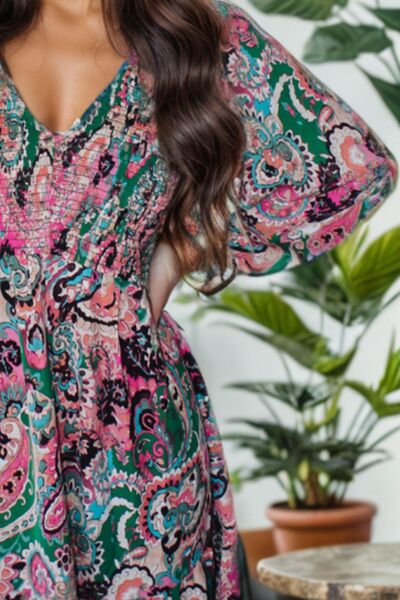 Printed V-Neck Long Sleeve Mini Dress