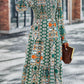 Smocked Round Neck Lantern Sleeve Midi Dress