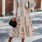 Smocked Round Neck Lantern Sleeve Midi Dress