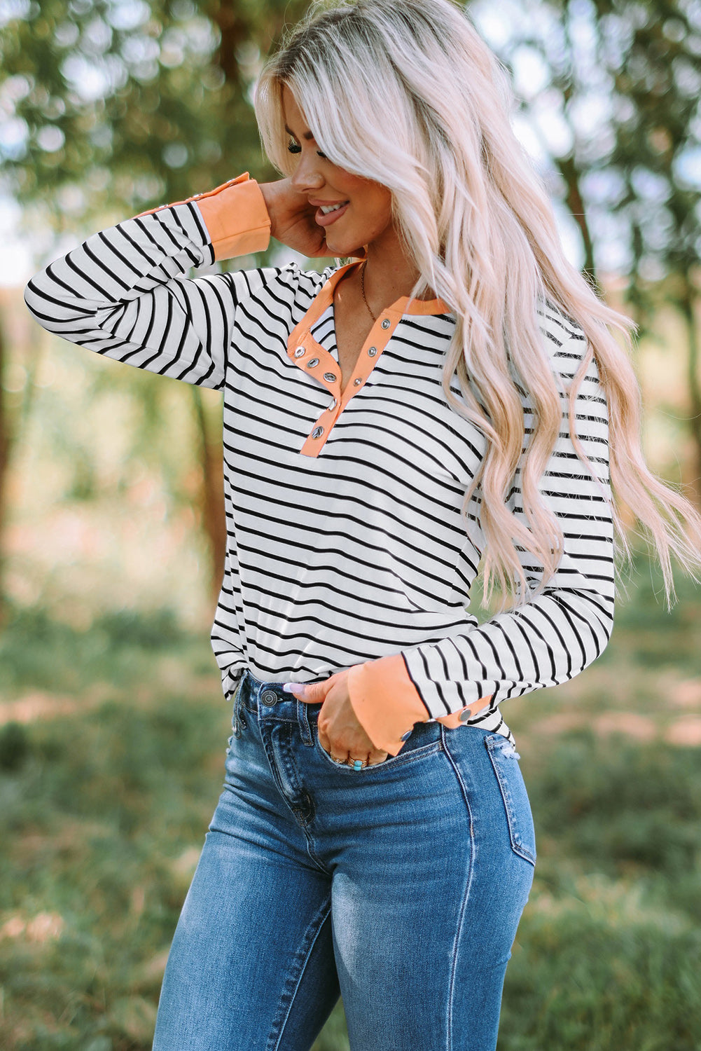 Striped Contrast Trim Quarter Snap T-Shirt